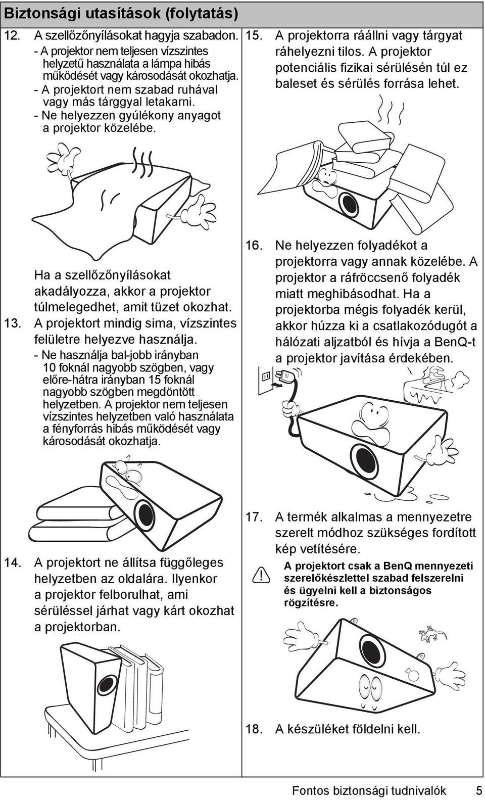 A projektor potenciális fizikai sérülésén túl ez baleset és sérülés forrása lehet. Ha a szellőzőnyílásokat akadályozza, akkor a projektor túlmelegedhet, amit tüzet okozhat. 13.