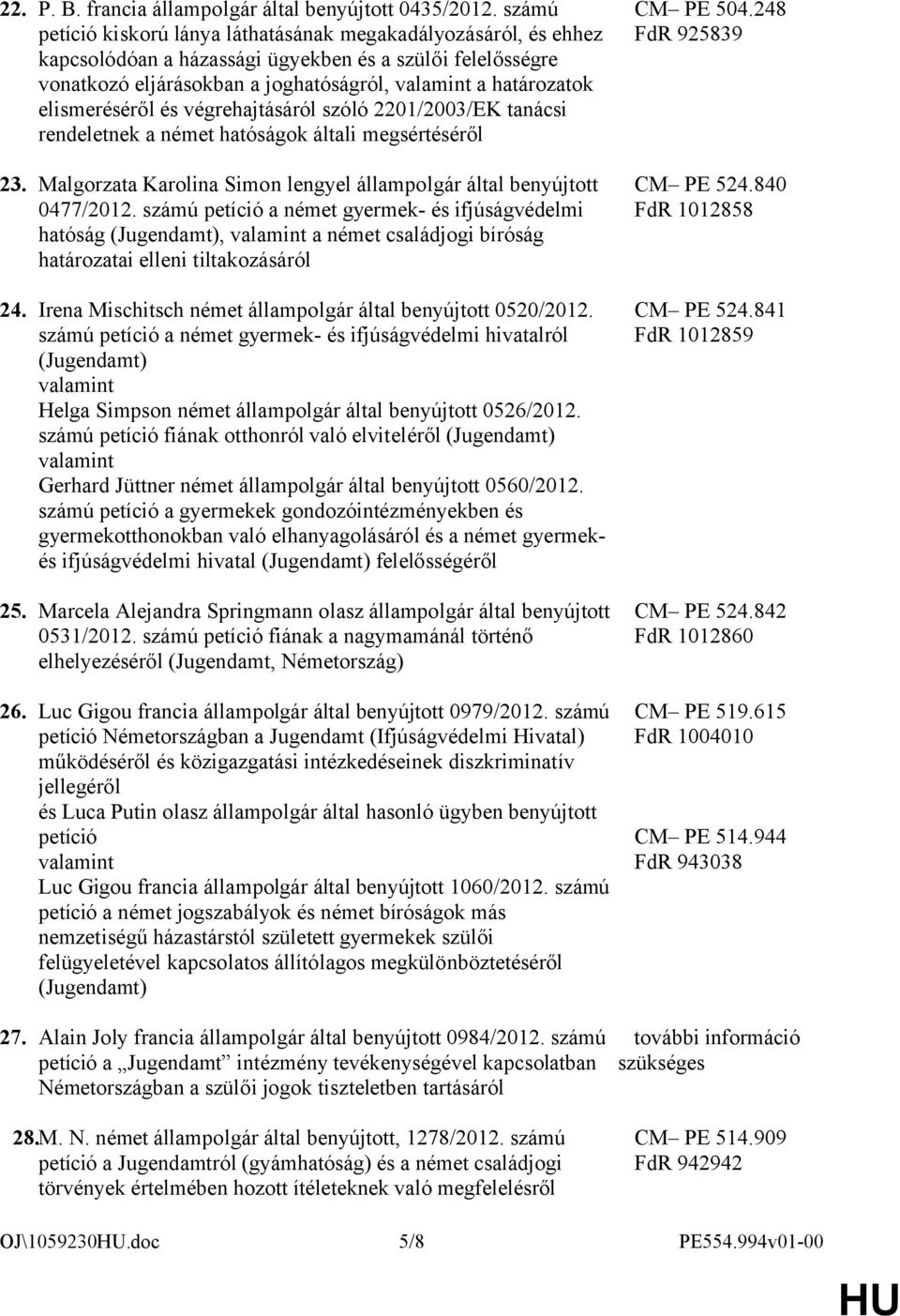 végrehajtásáról szóló 2201/2003/EK tanácsi rendeletnek a német hatóságok általi megsértéséről 23. Malgorzata Karolina Simon lengyel állampolgár által benyújtott 0477/2012.