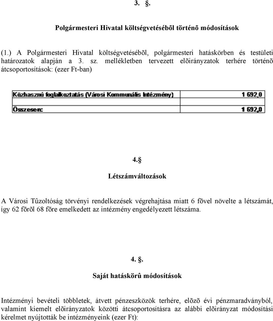 Létszámváltozások A Városi Tûzoltóság törvényi rendelkezések végrehajtása miatt 6 fõvel növelte a létszámát, így 62 fõrõl 68 fõre emelkedett az intézmény engedélyezett