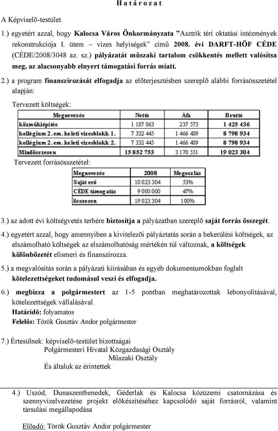 ) a program finanszírozását elfogadja az elõterjesztésben szereplõ alábbi forrásösszetétel alapján: Tervezett költségek: Tervezett forrásösszetétel: 3.