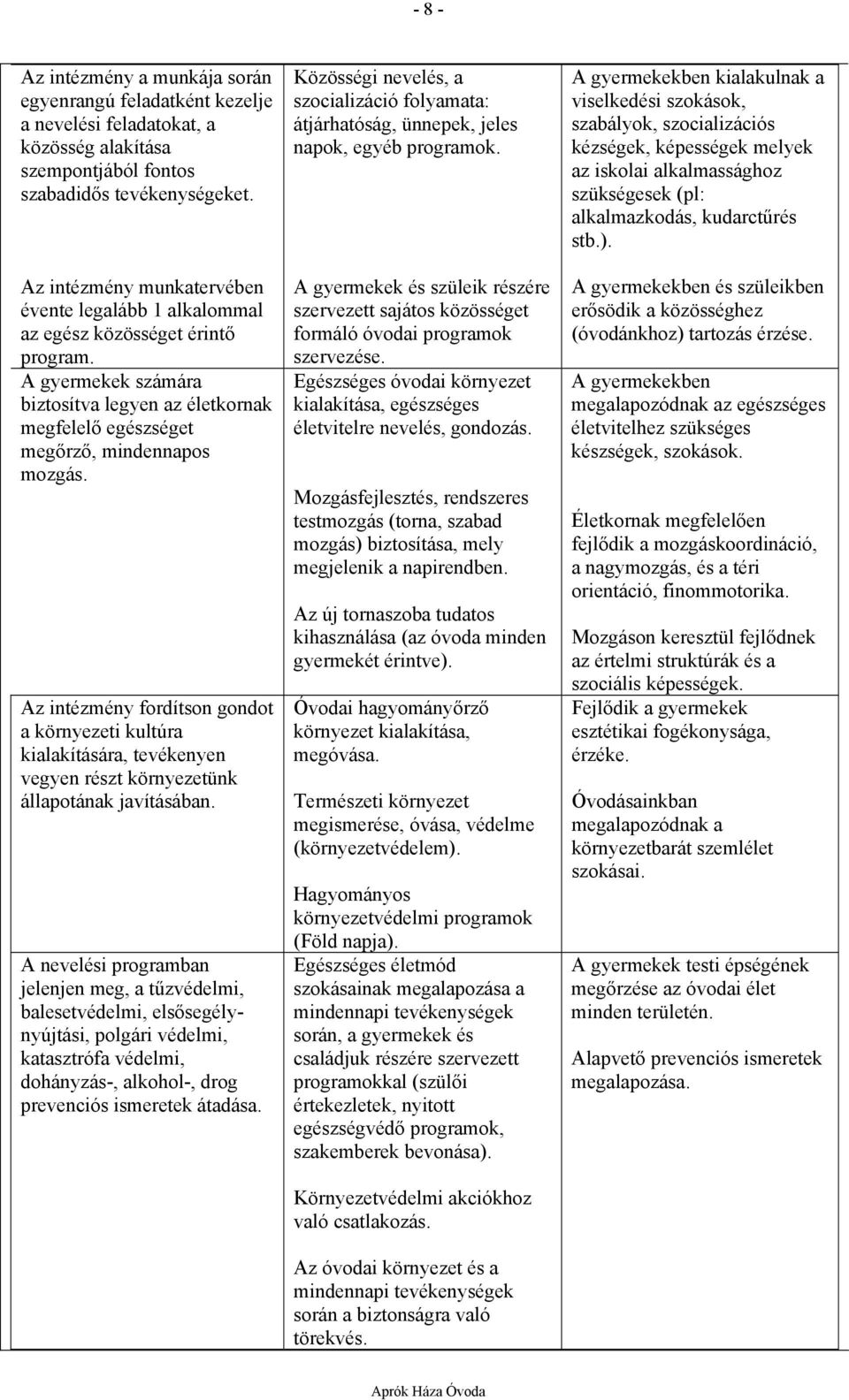 Az intézmény fordítson gondot a környezeti kultúra kialakítására, tevékenyen vegyen részt környezetünk állapotának javításában.