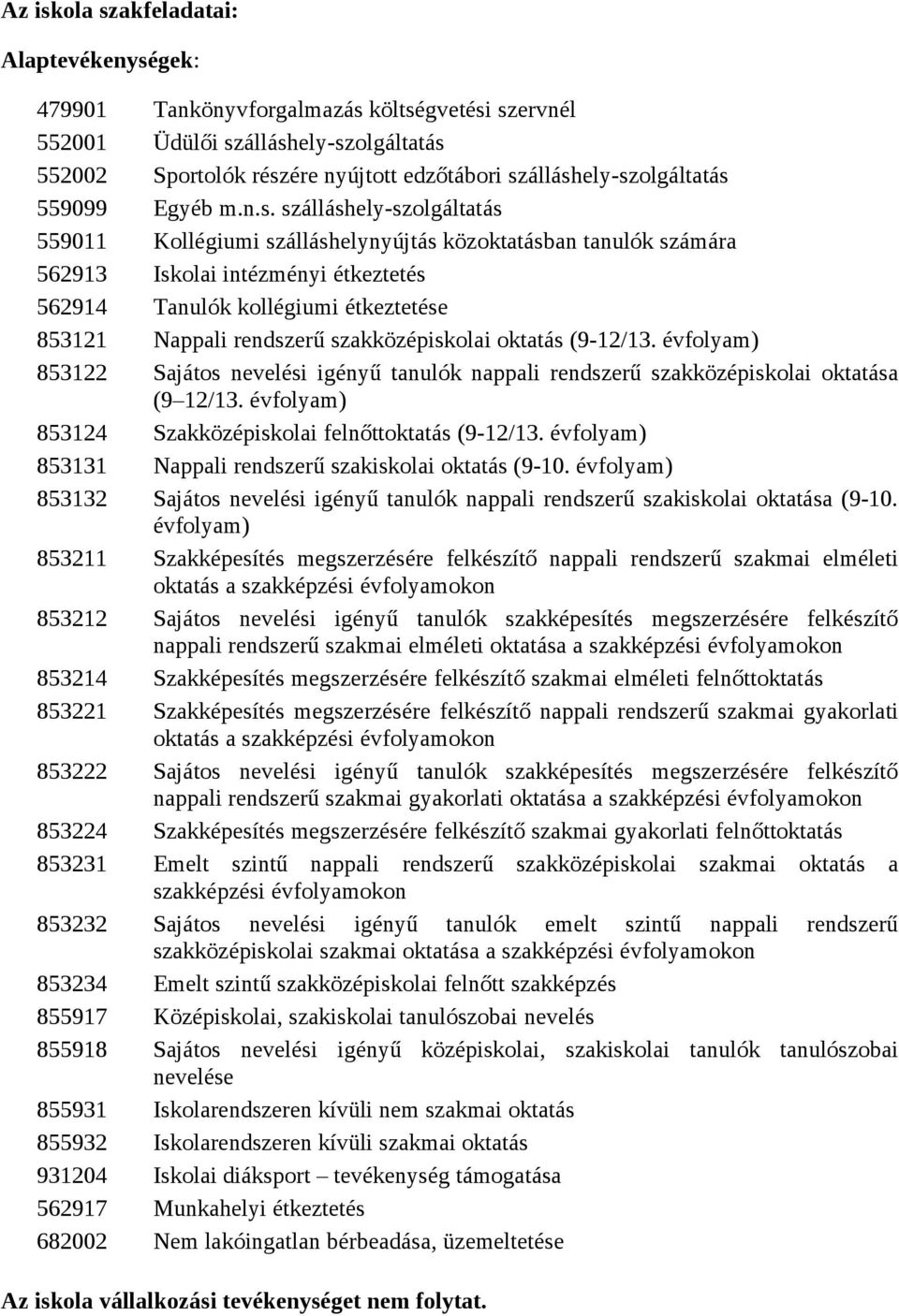 étkeztetése 853121 Nappali rendszerű szakközépiskolai oktatás (9-12/13. évfolyam) 853122 Sajátos nevelési igényű tanulók nappali rendszerű szakközépiskolai oktatása (9 12/13.