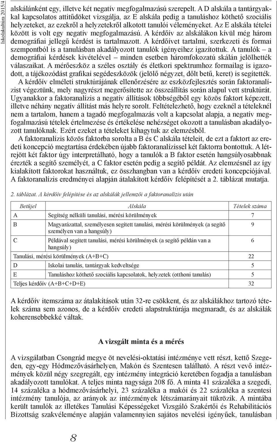 Az E alskála tételei között is volt egy negatív megfogalmazású. A kérdőív az alskálákon kívül még három demográfiai jellegű kérdést is tartalmazott.