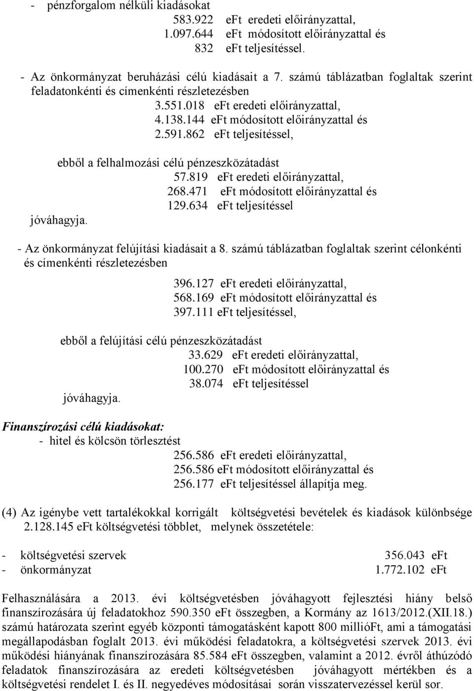 862 eft teljesítéssel, ebből a felhalmozási célú pénzeszközátadást 57.819 eft eredeti előirányzattal, 268.471 eft módosított előirányzattal és 129.634 eft teljesítéssel jóváhagyja.