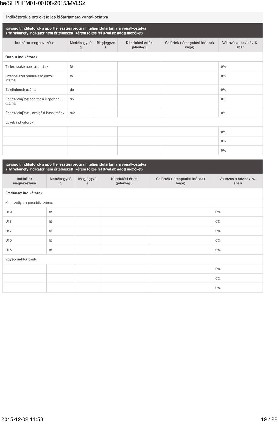 állomány fő 0% Licence-szel rendelkező edzők száma fő 0% Edzőtáborok száma db 0% Épített/felújított sportcélú ingatlanok száma db 0% Épített/felújított kiszolgáló létesítmény m2 0% Egyéb indikátorok: