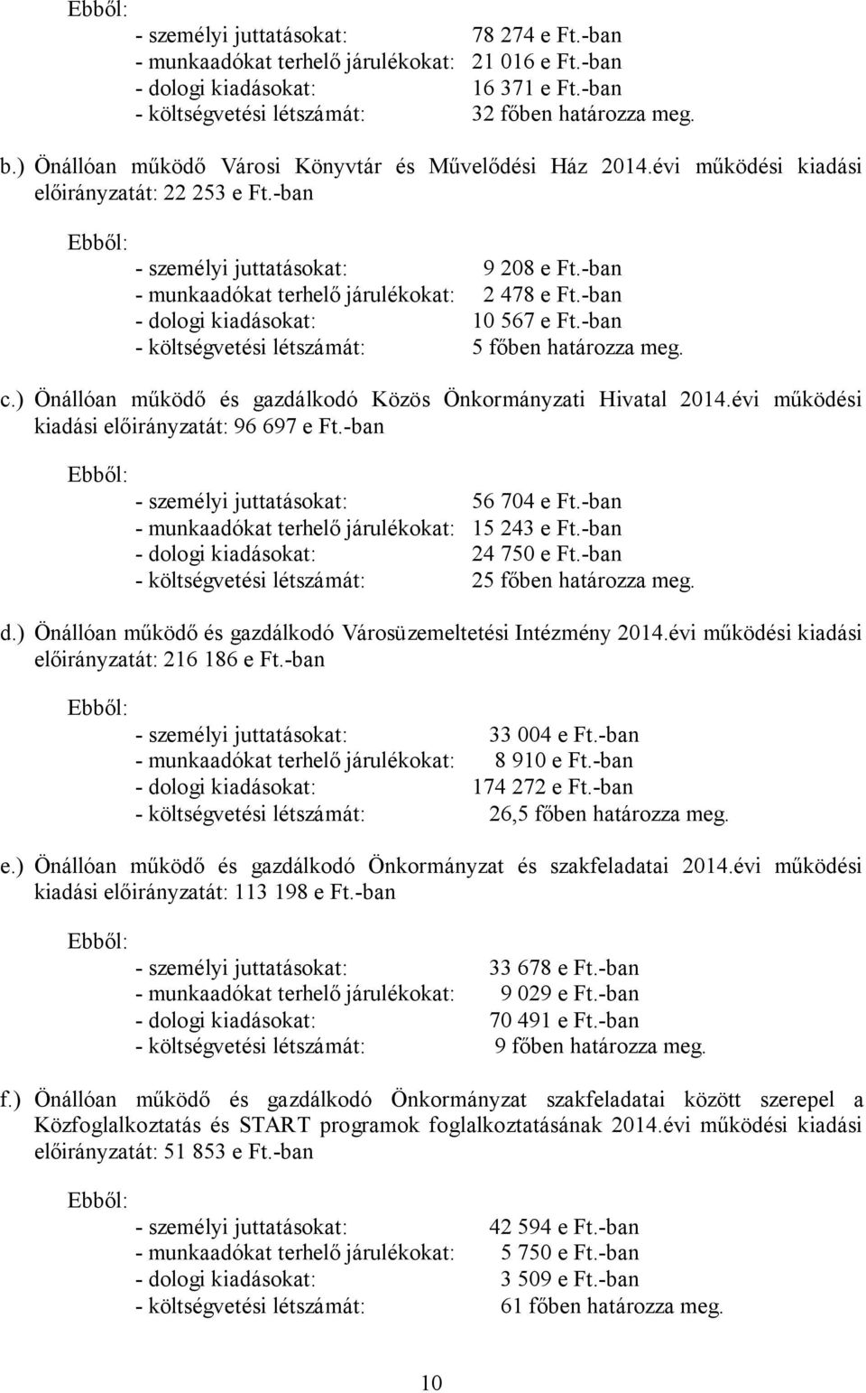 -ban - dologi kiadásokat: 10 567 e Ft.-ban - költségvetési létszámát: 5 főben határozza meg. c.) Önállóan működő és gazdálkodó Közös Önkormányzati Hivatal 2014.