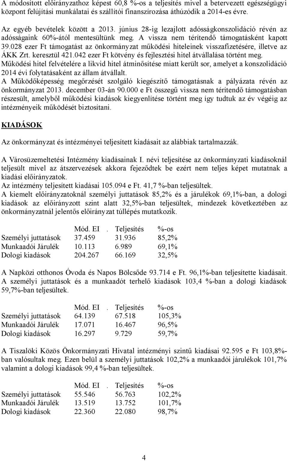 028 ezer Ft támogatást az önkormányzat működési hiteleinek visszafizetésére, illetve az ÁKK Zrt. keresztül 421.042 ezer Ft kötvény és fejlesztési hitel átvállalása történt meg.