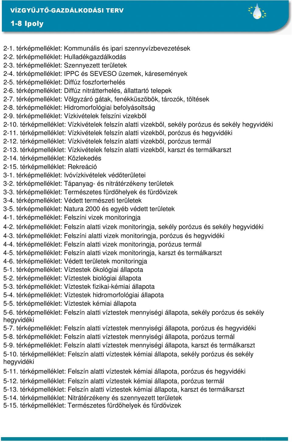 térképmelléklet: Völgyzáró gátak, fenékküszöbök, tározók, töltések 2-8. térképmelléklet: Hidromorfológiai befolyásoltság 2-9. térképmelléklet: Vízkivételek felszíni vizekből 2-10.