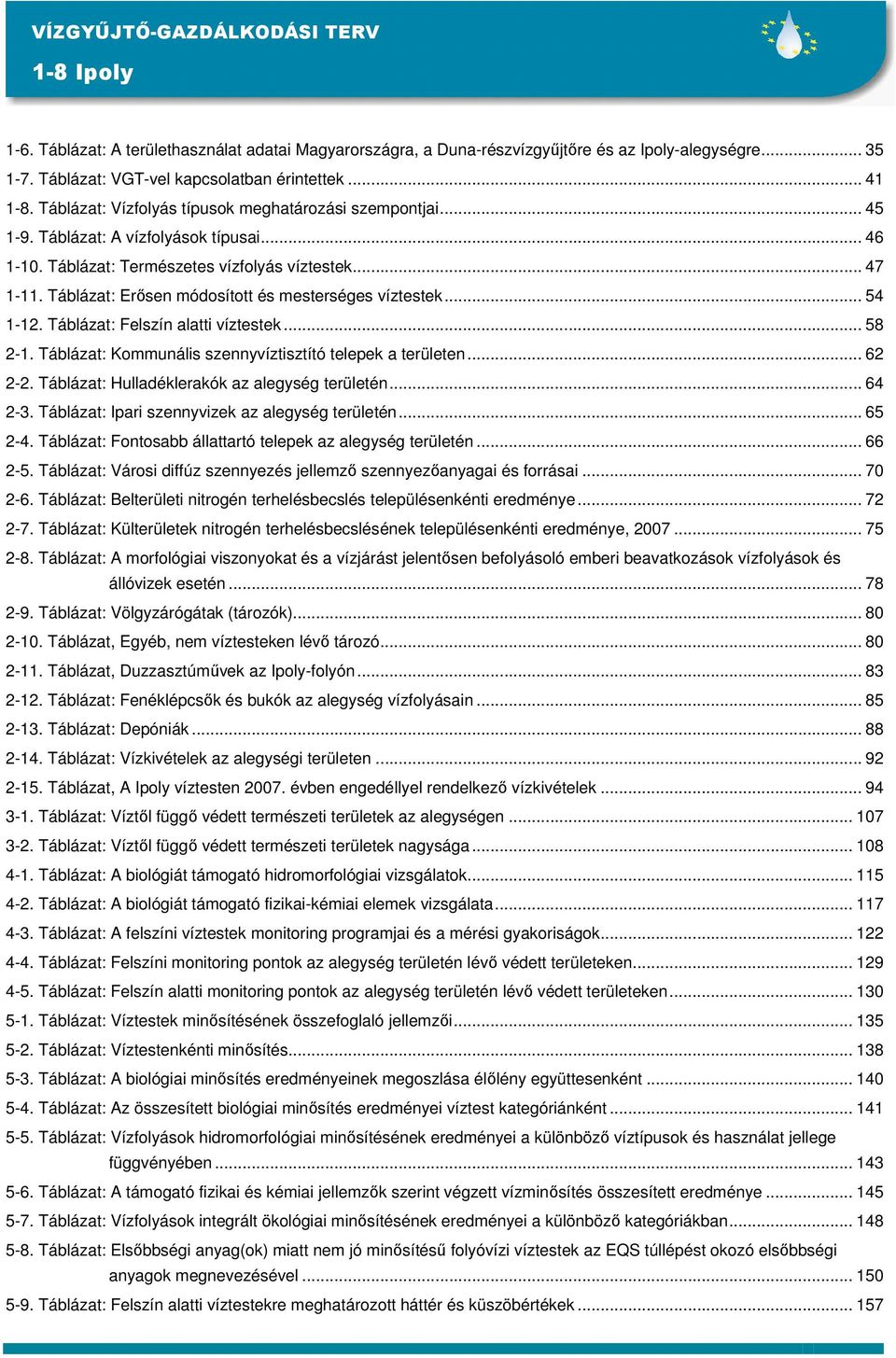 Táblázat: Erősen módosított és mesterséges víztestek... 54 1-12. Táblázat: Felszín alatti víztestek... 58 2-1. Táblázat: Kommunális szennyvíztisztító telepek a területen... 62 2-2.