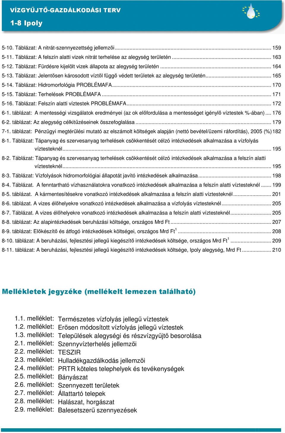 Táblázat: Hidromorfológia PROBLÉMAFA... 170 5-15. Táblázat: Terhelések PROBLÉMAFA... 171 5-16. Táblázat: Felszín alatti víztestek PROBLÉMAFA... 172 6-1.