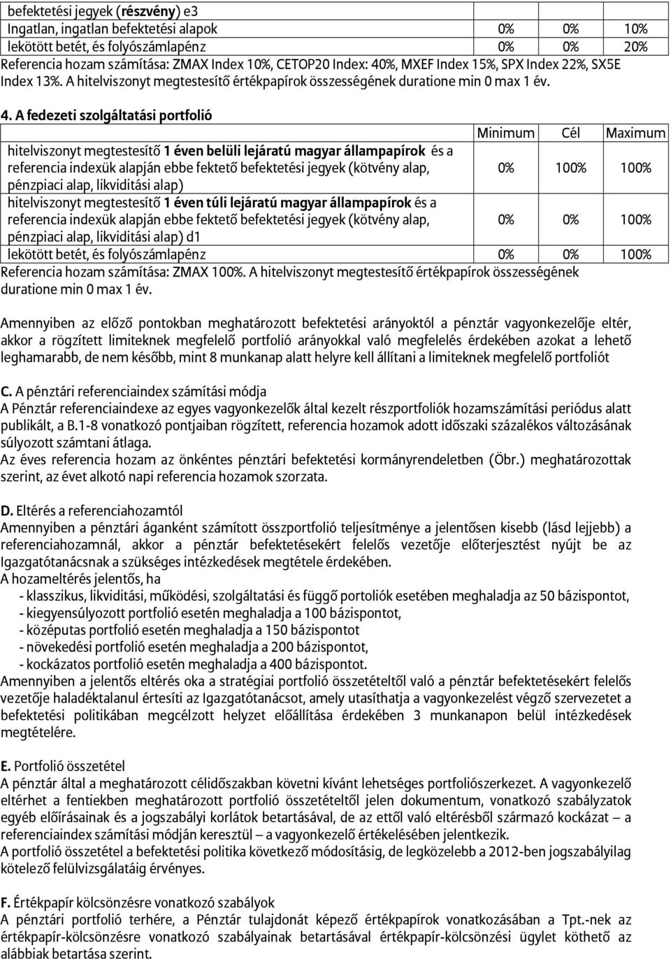 A fedezeti szolgáltatási portfolió 0% 100% 100% pénzpiaci alap, likviditási alap) 0% 0% 100% lekötött betét, és folyószámlapénz 0% 0% 100% Referencia hozam számítása: ZMAX 100%.