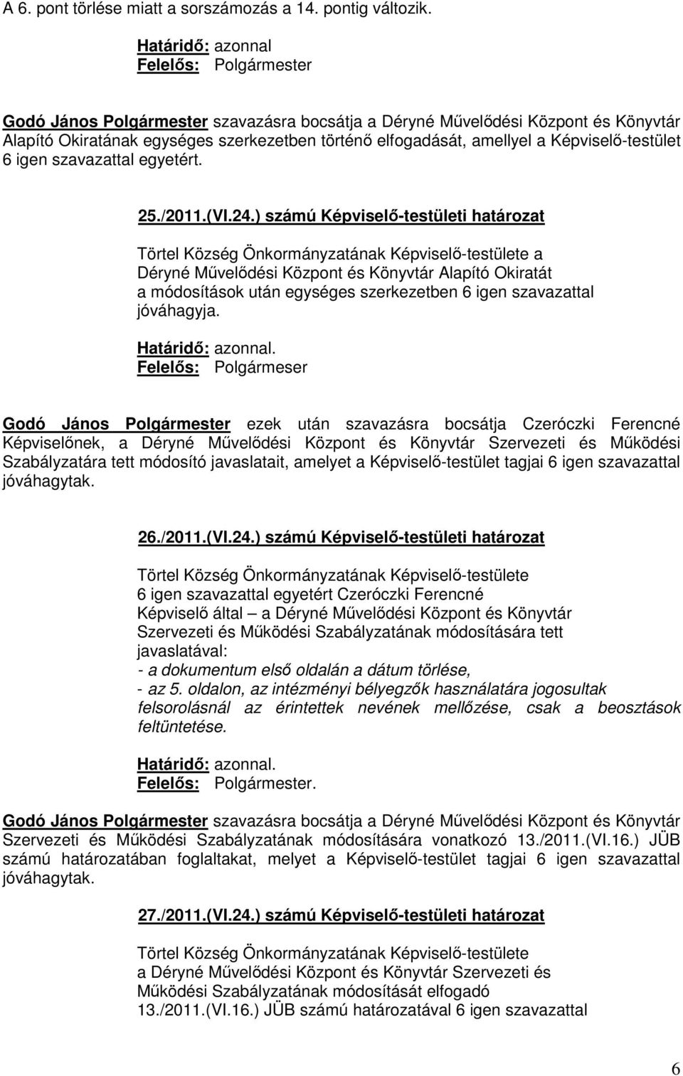 Képviselő-testület 6 igen szavazattal egyetért. 25./2011.(VI.24.