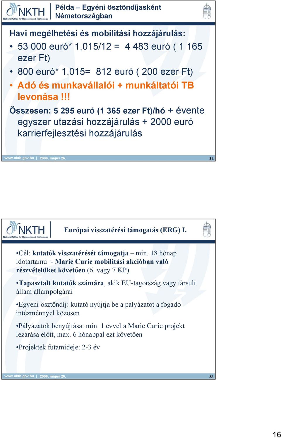 Európai visszatérési támogatás (ERG) I. Cél: kutatók visszatérését támogatja min. 18 hónap időtartamú - Marie Curie mobilitási akcióban való részvételüket követően (6.