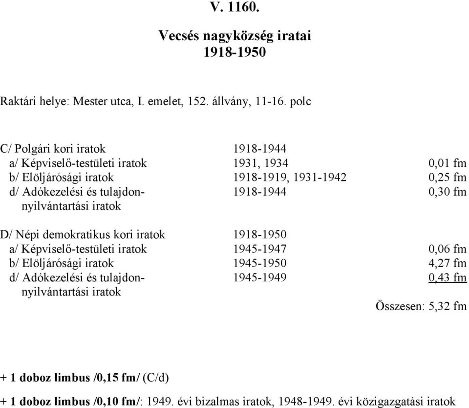 tulajdon 98944 0,0 fm nyilvántartási iratok D/ Népi demokratikus kori iratok 98950 a/ Képviselőtestületi iratok 945947 0,06 fm b/