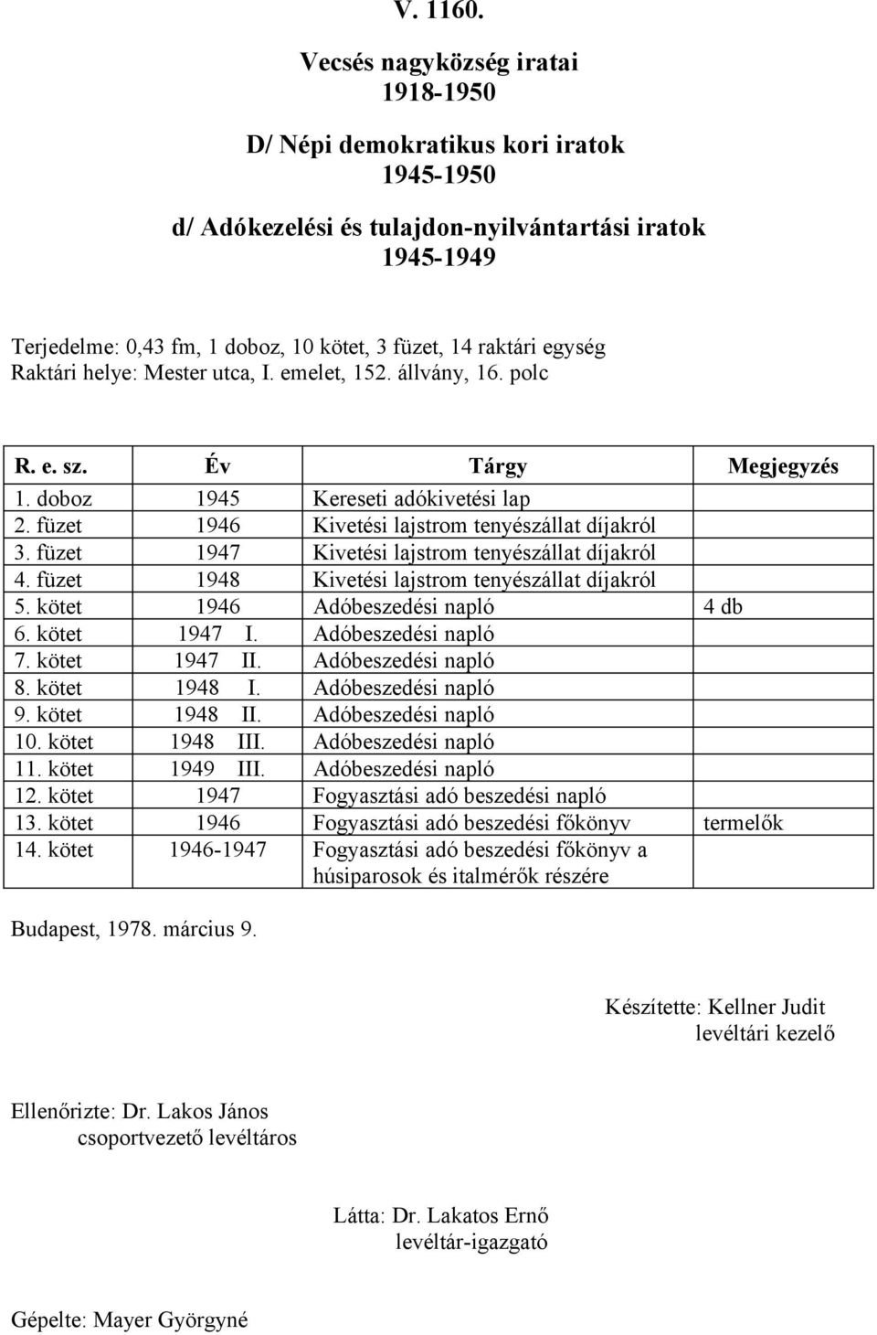 füzet 947 Kivetési lajstrom tenyészállat díjakról 4. füzet 948 Kivetési lajstrom tenyészállat díjakról 5. kötet 946 Adóbeszedési napló 4 db 6. kötet 947 I. Adóbeszedési napló 7. kötet 947 II.