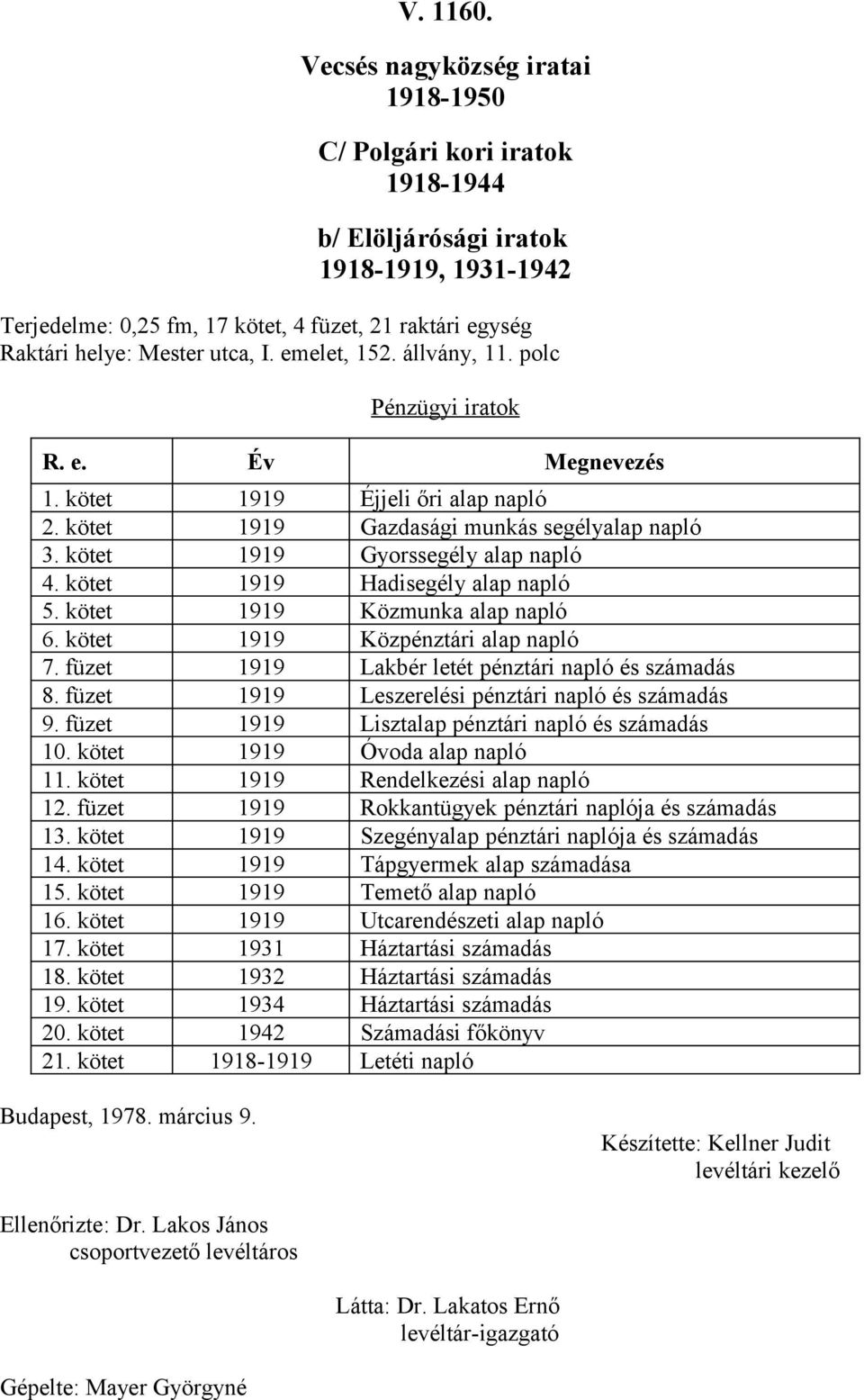 kötet 99 Közmunka alap napló 6. kötet 99 Közpénztári alap napló 7. füzet 99 Lakbér letét pénztári napló és számadás 8. füzet 99 Leszerelési pénztári napló és számadás 9.