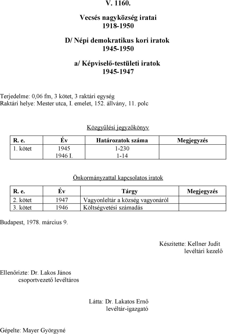 utca, I. emelet, 52. állvány,. polc Közgyűlési jegyzőkönyv R. e. Év Határozatok száma Megjegyzés. kötet 945 20 946 I.