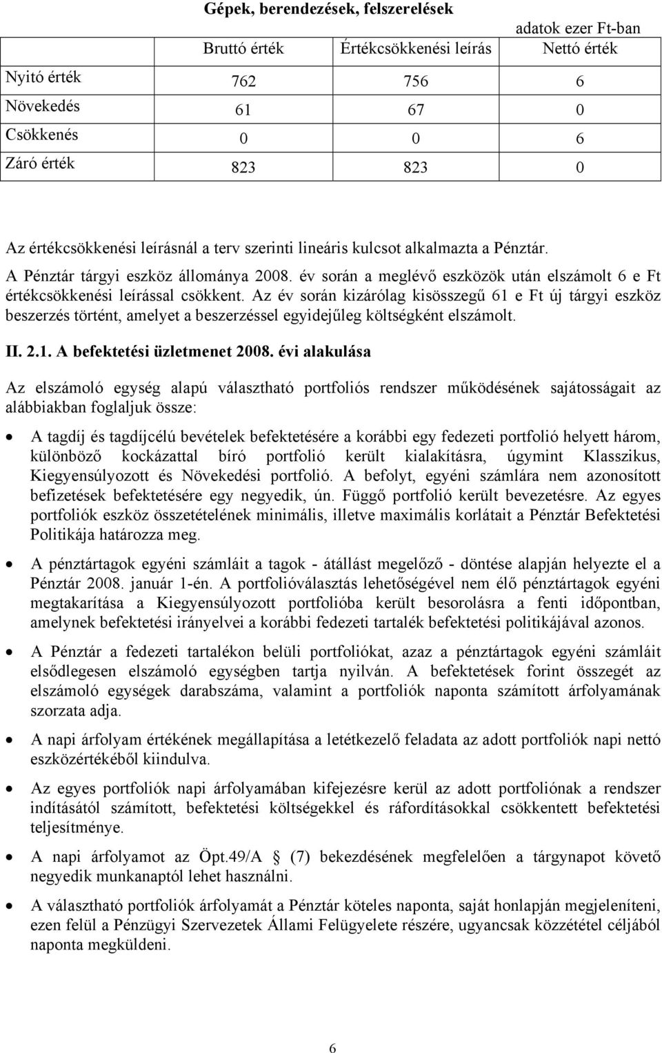 Az év során kizárólag kisösszegű 61 e Ft új tárgyi eszköz beszerzés történt, amelyet a beszerzéssel egyidejűleg költségként elszámolt. II. 2.1. A befektetési üzletmenet 2008.