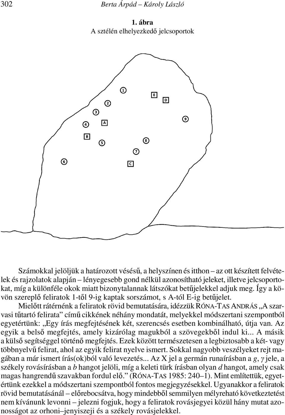 illetve jelcsoportokat, míg a különféle okok miatt bizonytalannak látszókat betűjelekkel adjuk meg. Így a kövön szereplő feliratok 1-től 9-ig kaptak sorszámot, s A-tól E-ig betűjelet.