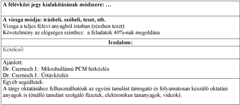 Kötelező: Irodalom: Ajánlott: Dr. Csernoch J.