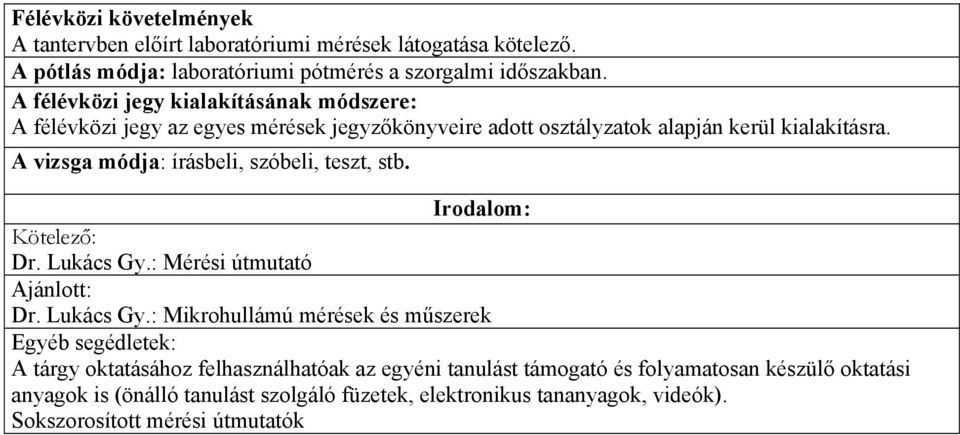 A vizsga módja: írásbeli, szóbeli, teszt, stb. Irodalom: Kötelező: Dr. Lukács Gy.