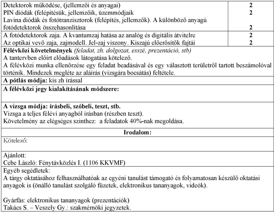 Kiszajú előerősítők fajtái Félévközi követelmények (feladat, zh. dolgozat, esszé, prezentáció, stb) A tantervben előírt előadások látogatása kötelező.