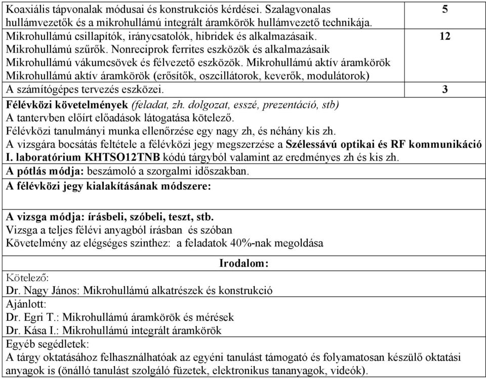 Mikrohullámú aktív áramkörök Mikrohullámú aktív áramkörök (erősítők, oszcillátorok, keverők, modulátorok) A számítógépes tervezés eszközei. 3 Félévközi követelmények (feladat, zh.