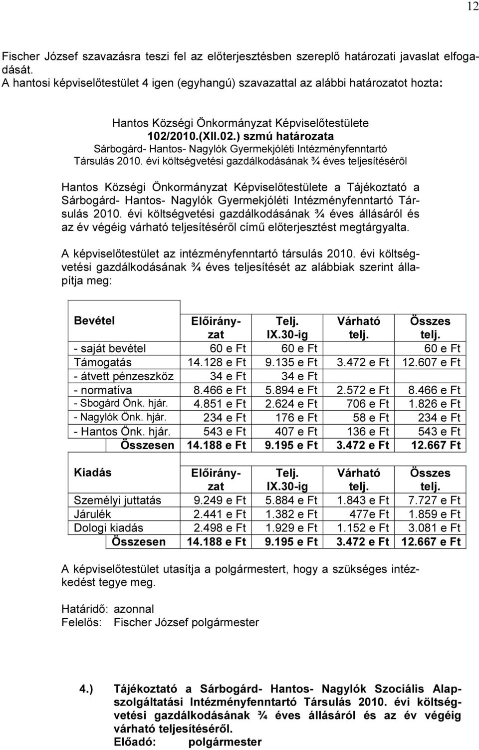 2010.(XII.02.) szmú határozata Sárbogárd Hantos Nagylók Gyermekjóléti Intézményfenntartó Társulás 2010.