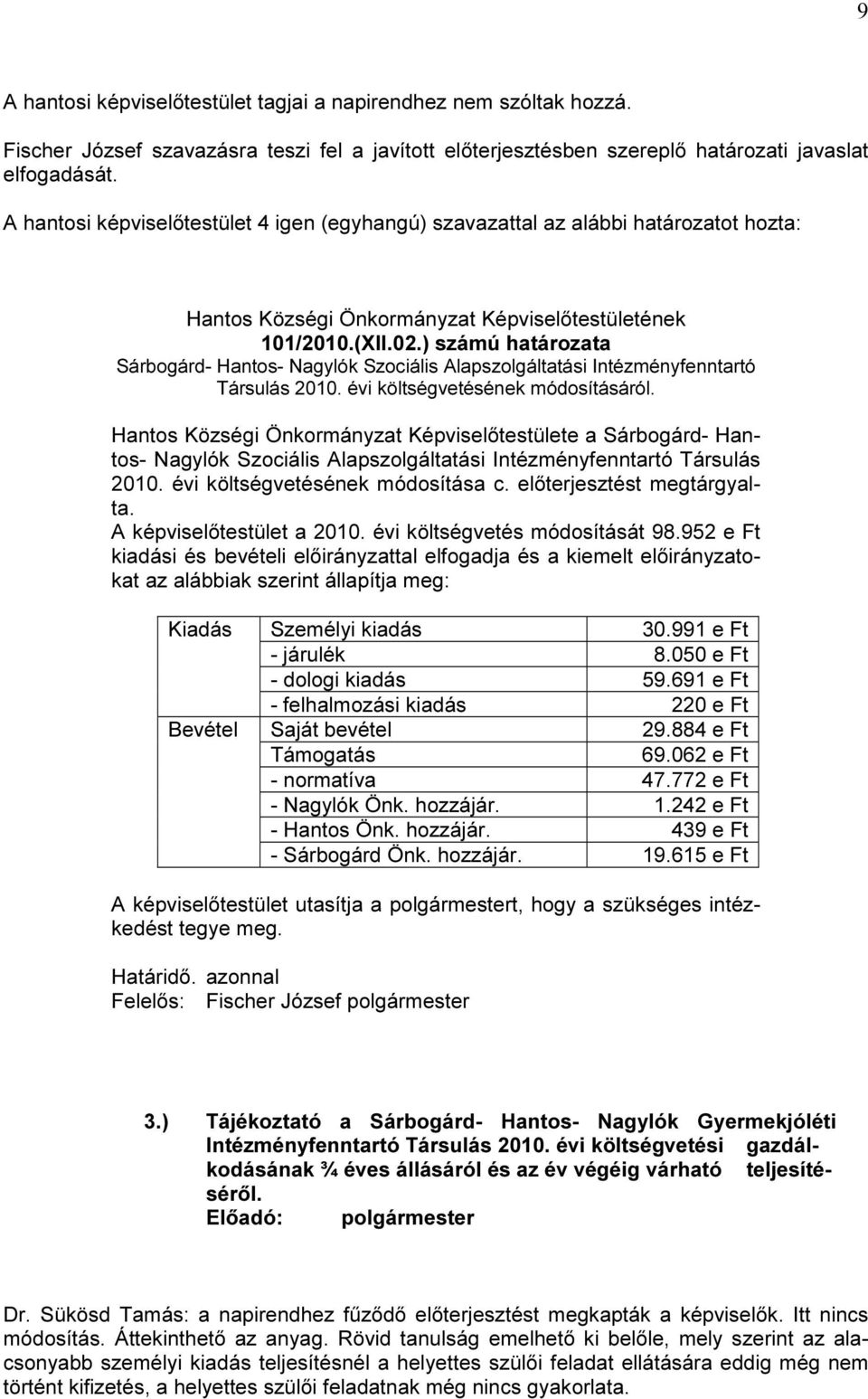 ) számú határozata Sárbogárd Hantos Nagylók Szociális Alapszolgáltatási Intézményfenntartó Társulás 2010. évi költségvetésének módosításáról.