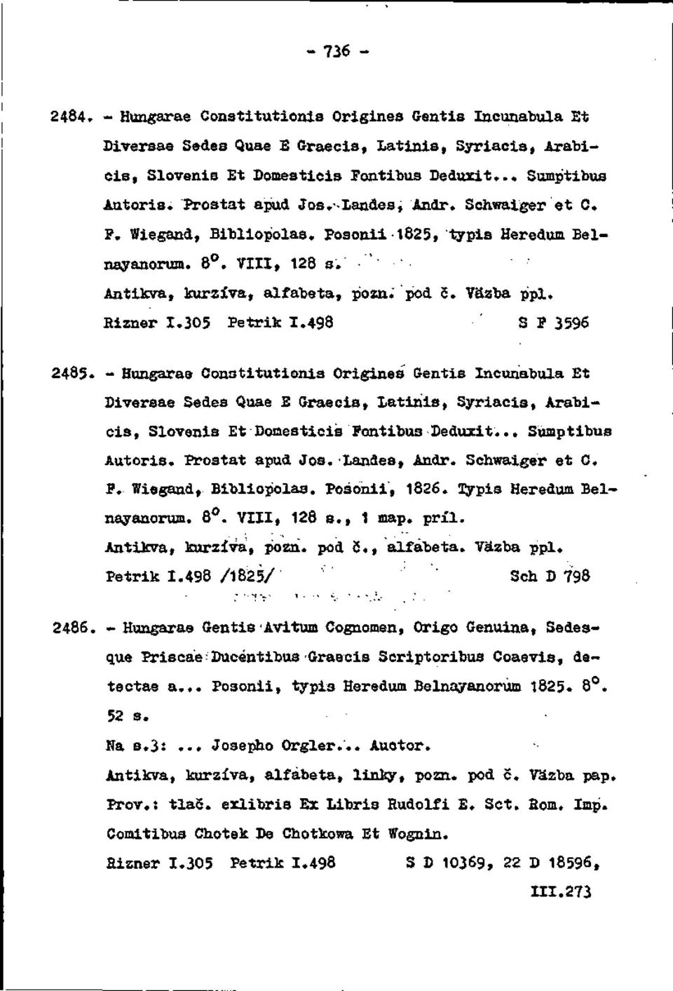 Rizner 1.305 Petrik 1.498 ' S P 3596 2485. - Hungarae Conatitutionis Origines Gentis Incunabula Et Diversae Sedes Quae E Graecis, latinis, Syriaois, Arabicis, Slovenis Et Doneaticis Fontibuo Deduxit.