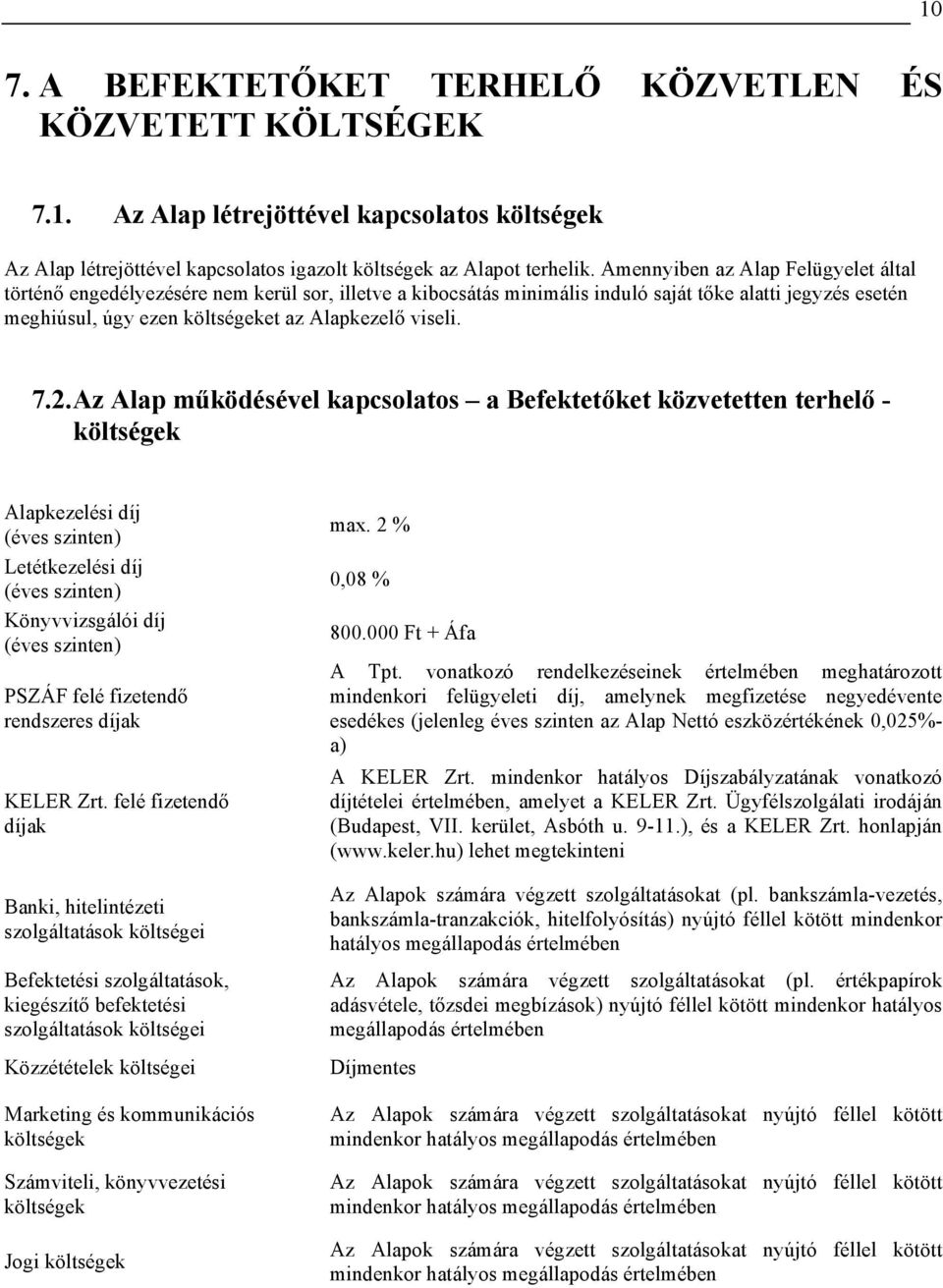 7.2. Az Alap működésével kapcsolatos a Befektetőket közvetetten terhelő - költségek Alapkezelési díj (éves szinten) Letétkezelési díj (éves szinten) Könyvvizsgálói díj (éves szinten) PSZÁF felé