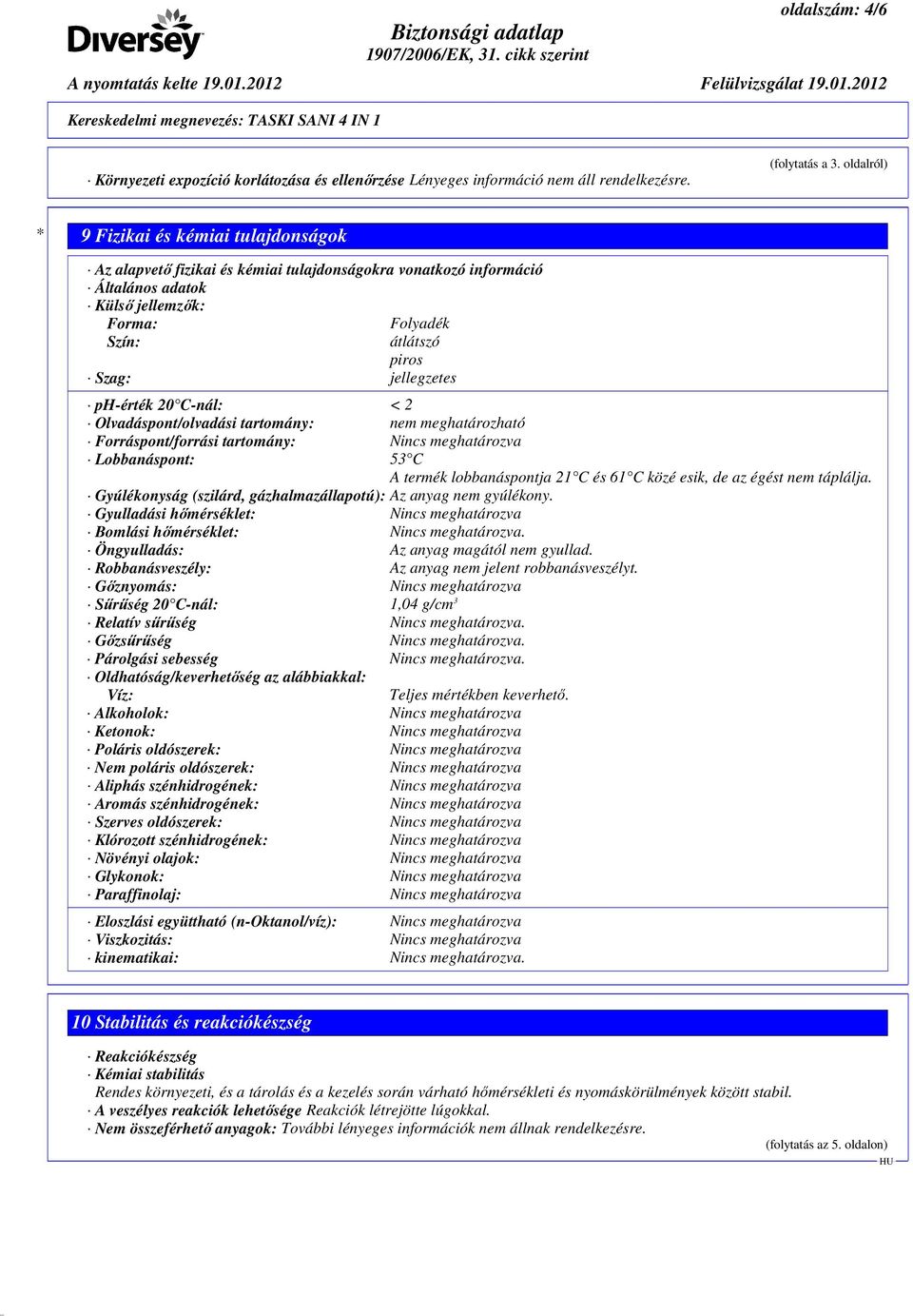 jellegzetes ph-érték 20 C-nál: < 2 Olvadáspont/olvadási tartomány: nem meghatározható Forráspont/forrási tartomány: Nincs meghatározva Lobbanáspont: 53 C A termék lobbanáspontja 21 C és 61 C közé