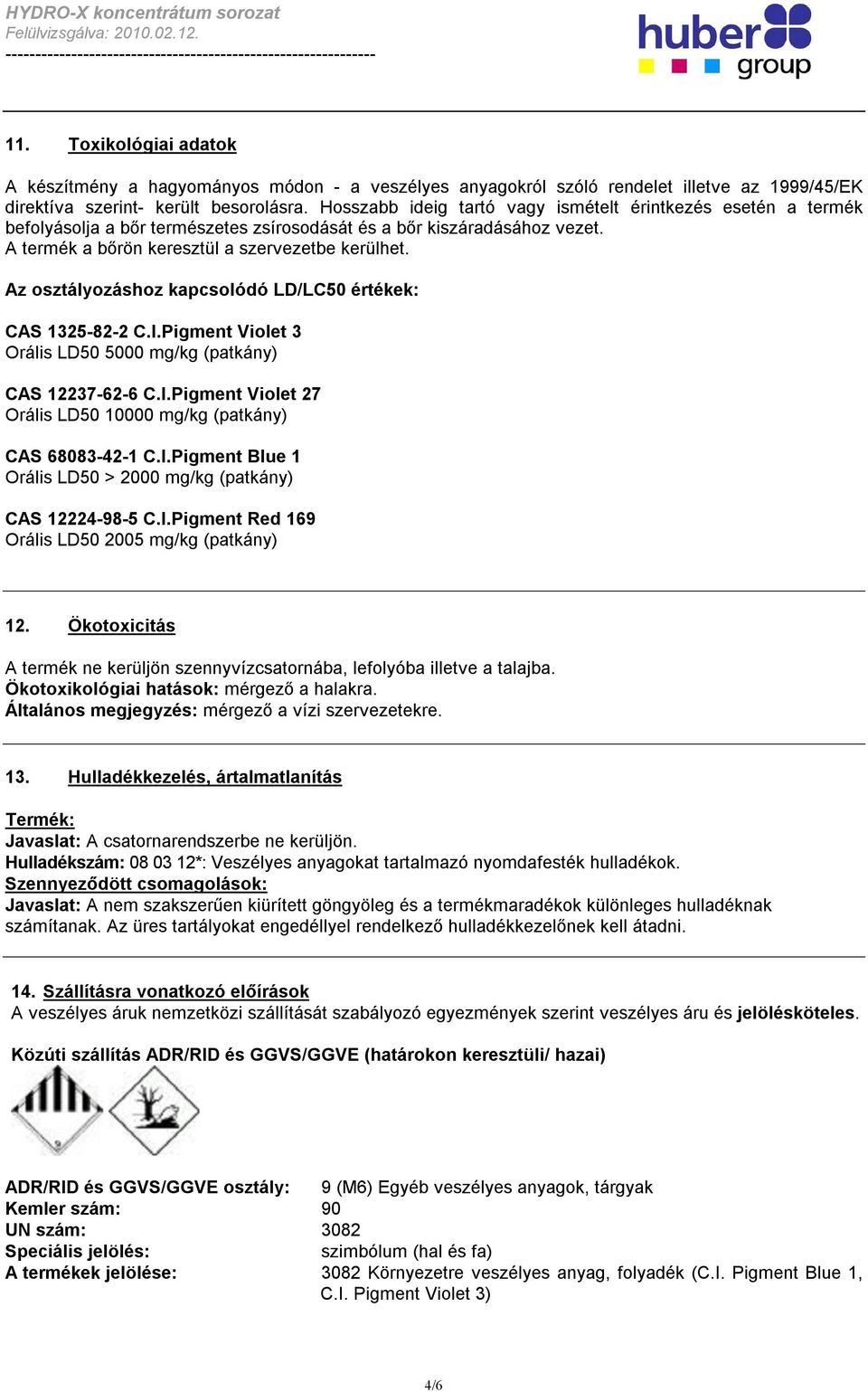 Az osztályozáshoz kapcsolódó LD/LC50 értékek: CAS 1325-82-2 C.I.Pigment Violet 3 Orális LD50 5000 mg/kg (patkány) CAS 12237-62-6 C.I.Pigment Violet 27 Orális LD50 10000 mg/kg (patkány) CAS 68083-42-1 C.