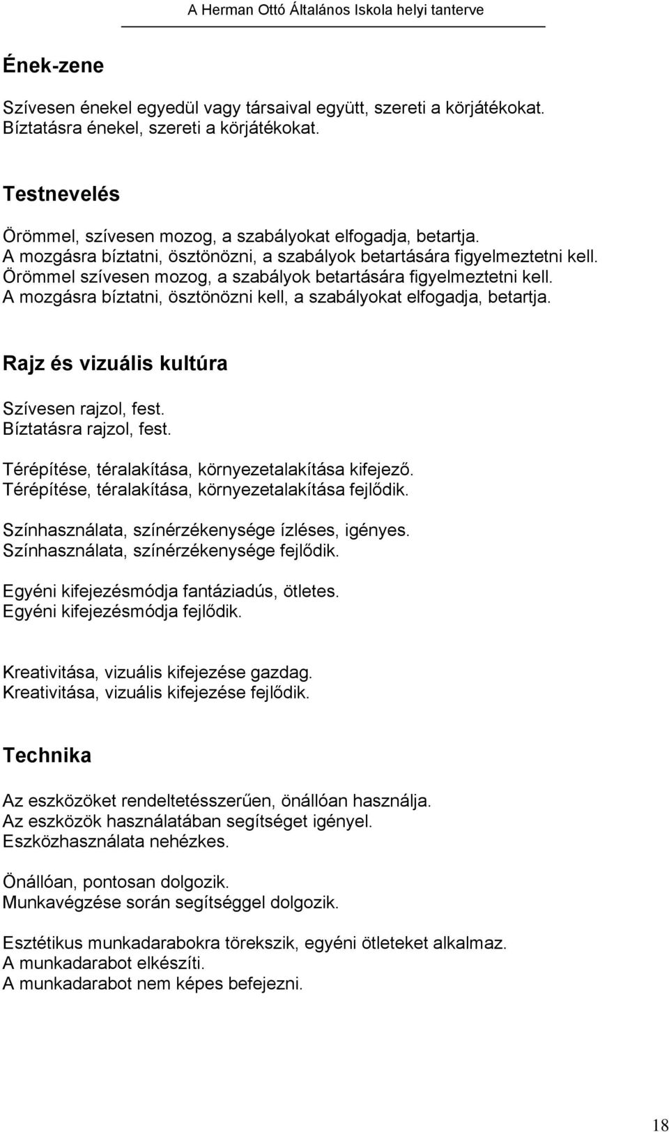 A mozgásra bíztatni, ösztönözni kell, a szabályokat elfogadja, betartja. Rajz és vizuális kultúra Szívesen rajzol, fest. Bíztatásra rajzol, fest. Térépítése, téralakítása, környezetalakítása kifejező.