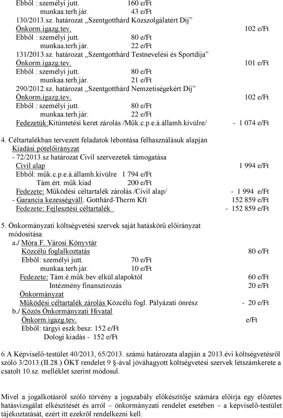 c.p.e.á.államh.kívülre/ 102 e/ft 101 e/ft 102 e/ft - 1 074 e/ft 4. Céltartalékban tervezett feladatok lebontása felhasználásuk alapján Kiadási pótelőirányzat - 72/2013.