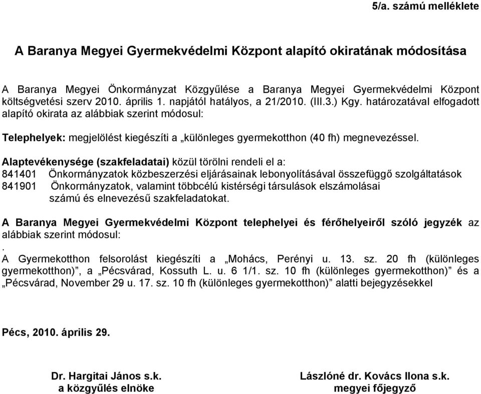 határozatával elfogadott alapító okirata az alábbiak szerint módosul: Telephelyek: megjelölést kiegészíti a különleges gyermekotthon (40 fh) megnevezéssel.