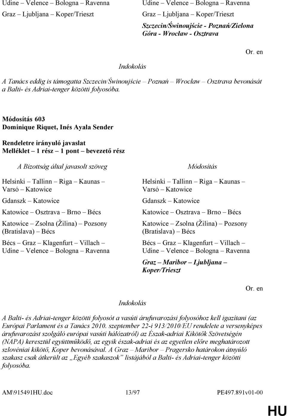 Módosítás 603 Dominique Riquet, Inés Ayala Sender Melléklet 1 rész 1 pont bevezető rész Helsinki Tallinn Riga Kaunas Varsó Katowice Gdanszk Katowice Katowice Osztrava Brno Bécs Katowice Zsolna