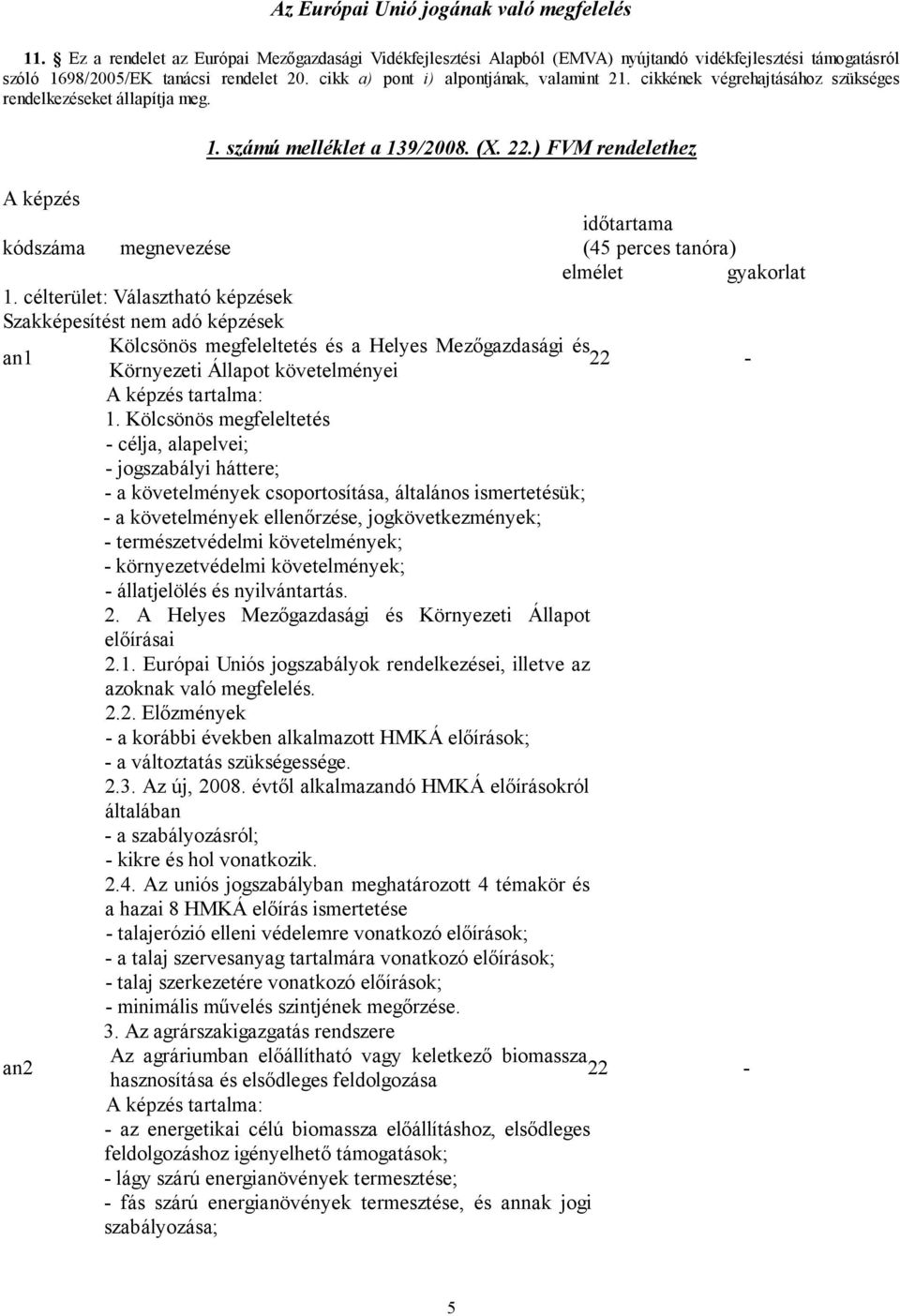 ) FVM rendelethez A képzés kódszáma megnevezése időtartama (45 perces tanóra) elmélet gyakorlat 1.