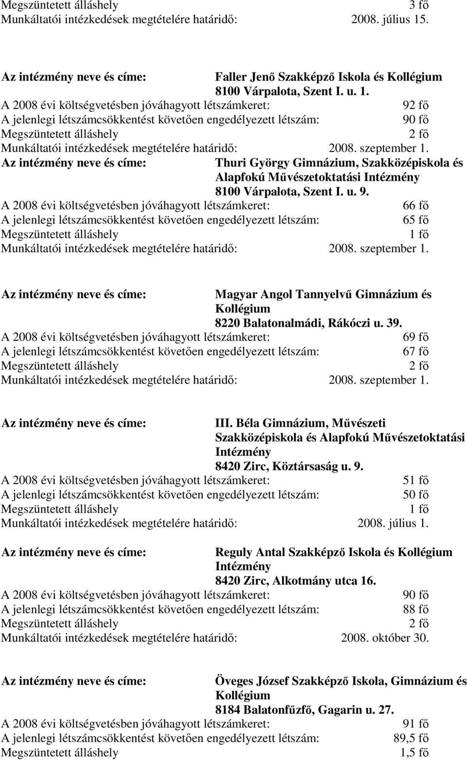 szeptember 1. Magyar Angol Tannyelvű Gimnázium és Kollégium 8220 Balatonalmádi, Rákóczi u. 39. 69 fő 67 fő Munkáltatói intézkedések megtételére határidő: 2008. szeptember 1. III.