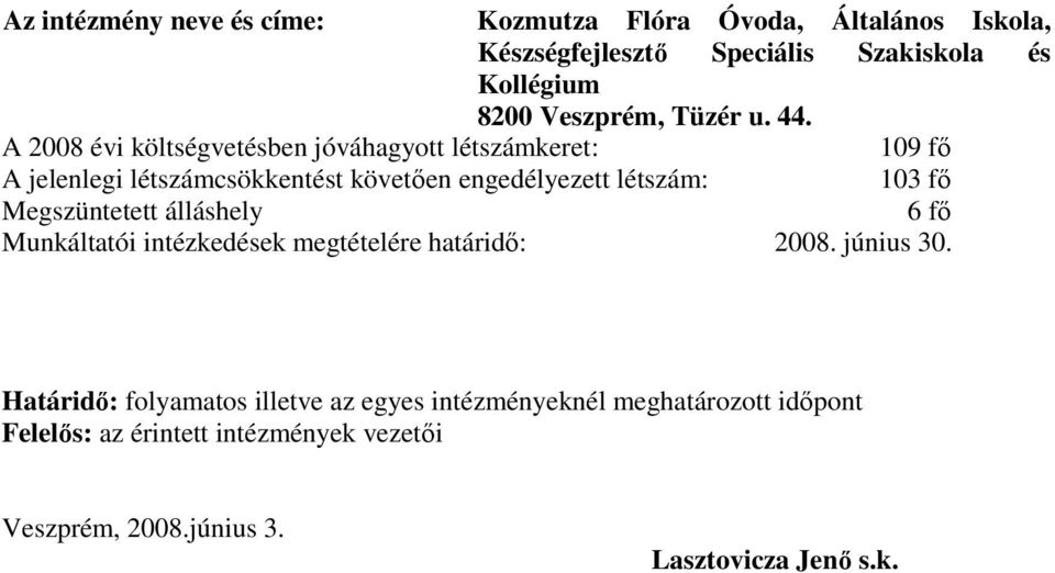 109 fő 103 fő 6 fő Munkáltatói intézkedések megtételére határidő: 2008. június 30.