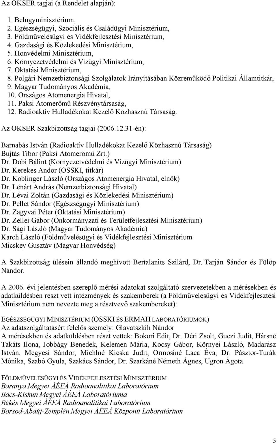 Polgári Nemzetbiztonsági Szolgálatok Irányításában Közreműködő Politikai Államtitkár, 9. Magyar Tudományos Akadémia, 10. Országos Atomenergia Hivatal, 11. Paksi Atomerőmű Részvénytársaság, 12.