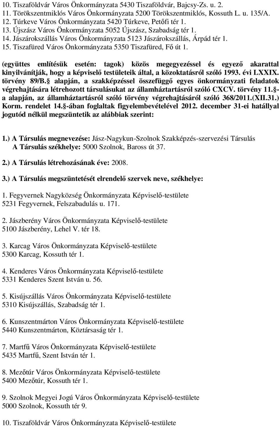 Tiszafüred Város Önkormányzata 5350 Tiszafüred, Fő út 1.