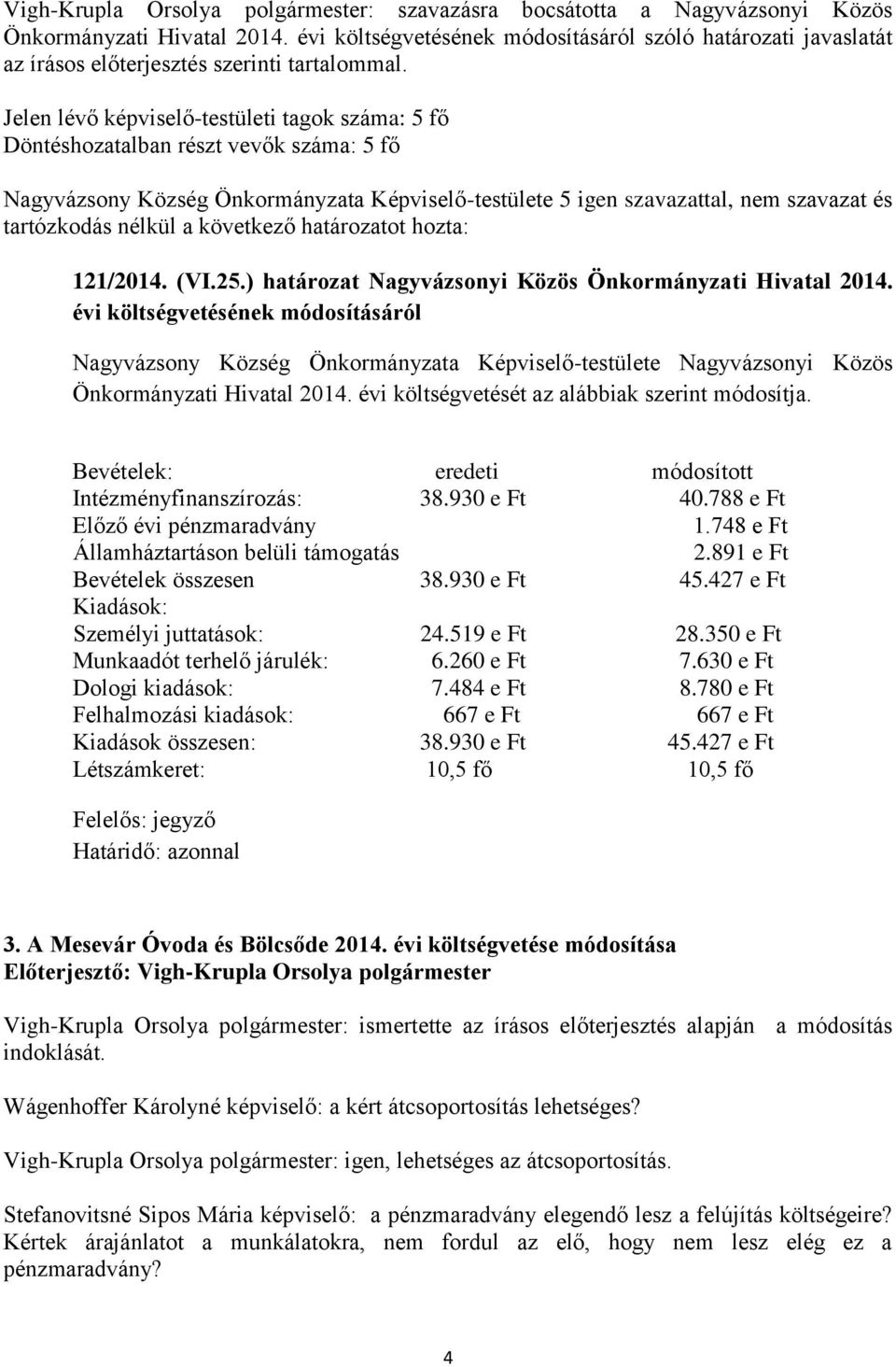 Nagyvázsony Község Önkormányzata Képviselő-testülete 5 igen szavazattal, nem szavazat és tartózkodás nélkül a következő határozatot hozta: 121/2014. (VI.25.