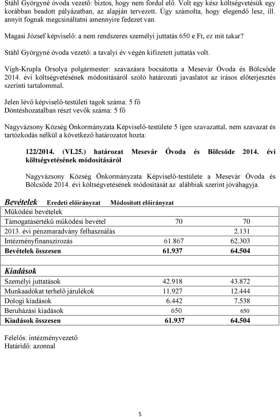 Stáhl Györgyné óvoda vezető: a tavalyi év végén kifizetett juttatás volt. Vigh-Krupla Orsolya polgármester: szavazásra bocsátotta a Mesevár Óvoda és Bölcsőde 2014.