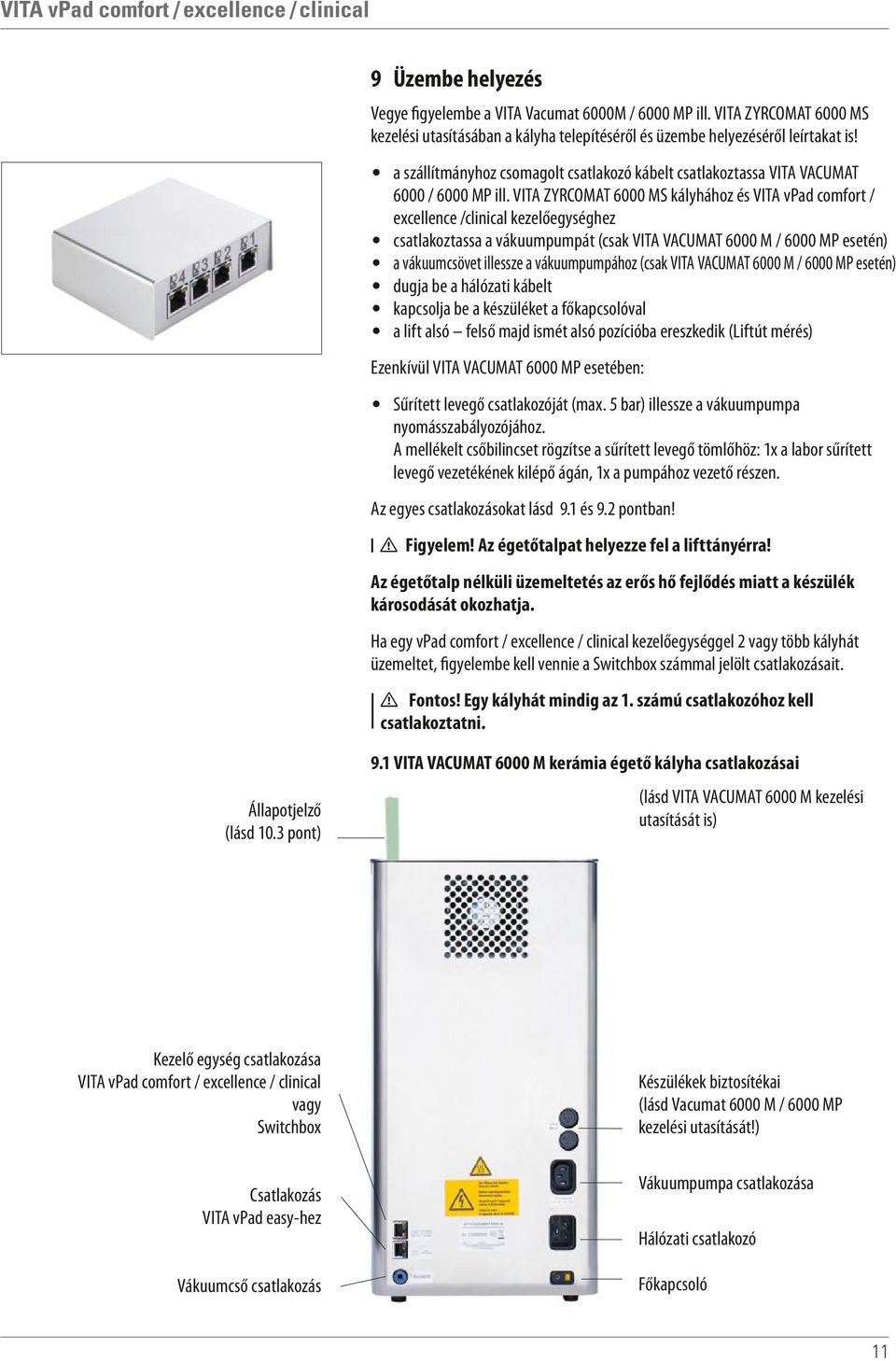 VITA ZYRCOMAT 6000 MS kályhához és VITA vpad comfort / excellence /clinical kezelőegységhez csatlakoztassa a vákuumpumpát (csak VITA VACUMAT 6000 M / 6000 MP esetén) a vákuumcsövet illessze a