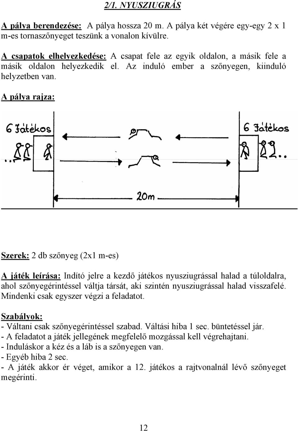 Szerek: 2 db szőnyeg (2x1 m-es) A játék leírása: Indító jelre a kezdő játékos nyusziugrással halad a túloldalra, ahol szőnyegérintéssel váltja társát, aki szintén nyusziugrással halad visszafelé.