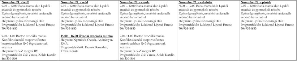 Vanda, Zölde Katalin 46/530-560 15.00 16.00 Óvodai szociális Helyszín: Nyitnikék Óvoda, Andrássy u. 53/A.