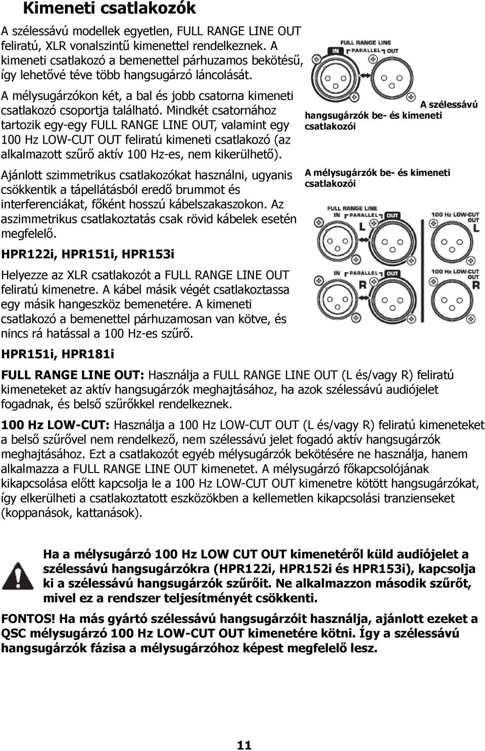 Mindkét csatornához tartozik egy-egy FULL RANGE LINE OUT, valamint egy 100 Hz LOW-CUT OUT feliratú kimeneti csatlakozó (az alkalmazott szűrő aktív 100 Hz-es, nem kikerülhető).