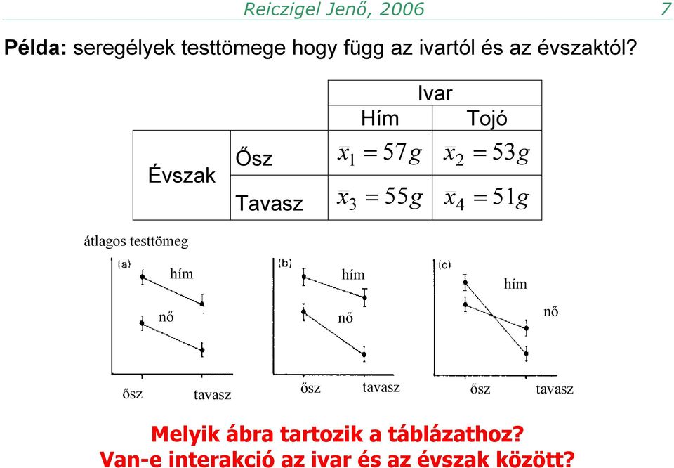 Évszak átlagos testtömeg Ősz Tavasz Hím Ivar Tojó x1 = 57g x 2 = 53g x3 = 55g