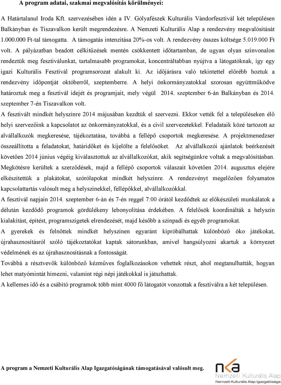 A támogatás intenzitása 20%-os volt. A rendezvény összes költsége 5.019.000 Ft volt.